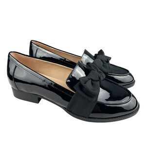 Bandolino Lindio Loafers 8.5W Black Patent Faux Leather Bow Block Heel Shoes